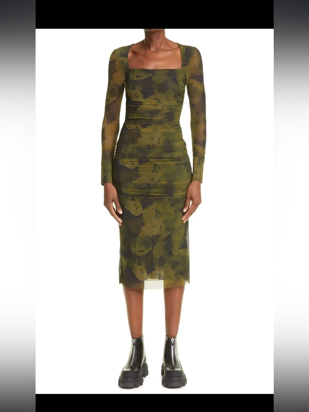 Ganni Olive Green Floral Camo Mesh Ruched Long-Sleeve Midi Mesh Dress Sz 10-12